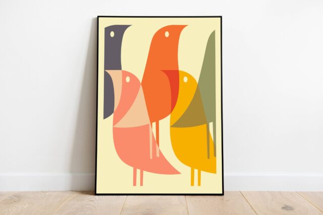 Bird Print Mid Century Modern Wall Art, Geometric Decor