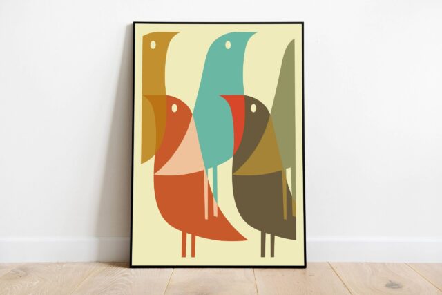 Bird Print Mid Century Modern Wall Art, Minimalist Decor